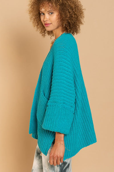 POL Oversized Cable Knit Cardigan Sweater-Teal
