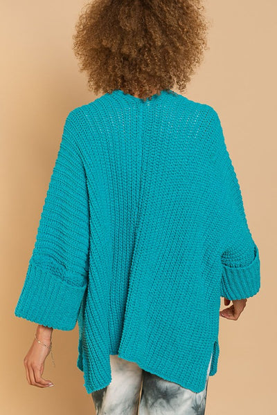 POL Oversized Cable Knit Cardigan Sweater-Teal
