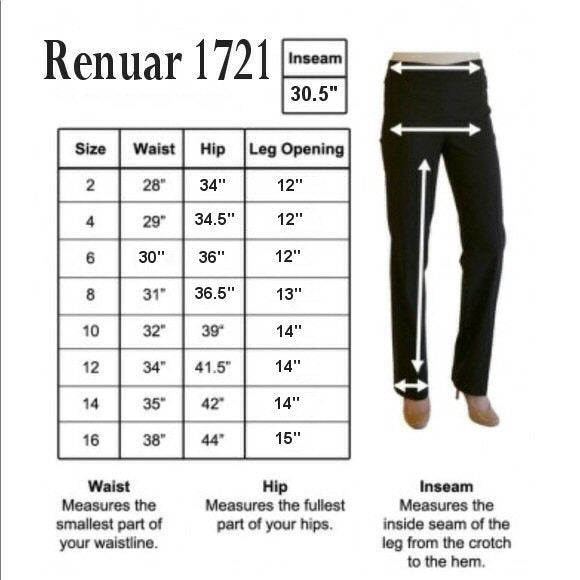 Renuar 1721 Pants online size chart-Bennett's Clothing-Athens-Alabama