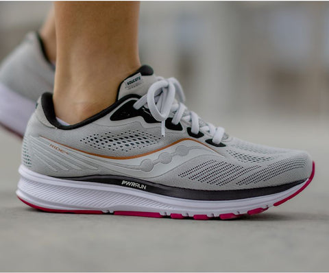 Saucony Ride 14 running shoe will be as comfortable mile 300 as mile 1.  Get outdoors with Bennett's Clothing where the customer receives same day shipping and top notch customer service