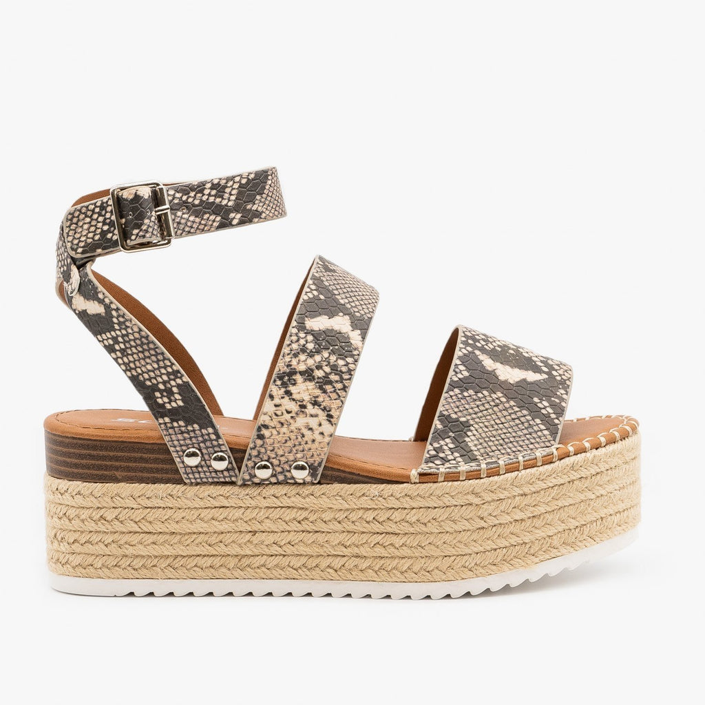 SODA Alpine Espadrille Flatform snakeskin Sandals are the rage right now and look great with..well everything! Shop Bennetts Clothing the latest and greatest in womenswear with same day shipping.